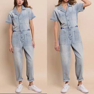 WISTERIA LANE RIGID DENIM UTILITY JUMPSUIT BLUE BUTTONS ACCENTS LARGE 4312RIA